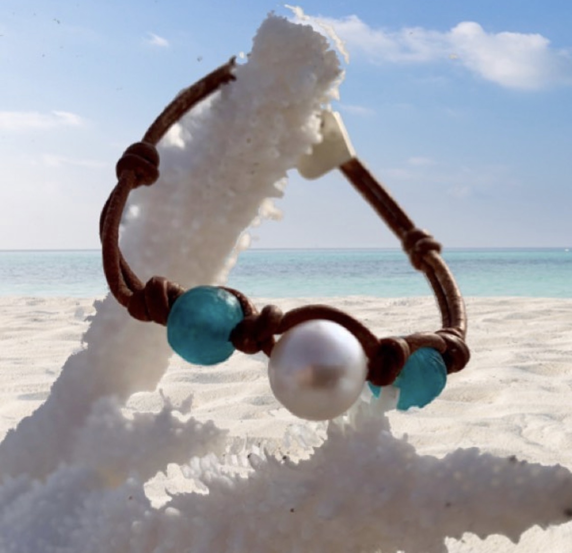 Blue Sea outlets Glass Bracelet Mermaids Boho Crochet Bracelet Ladies Sea Glass Pearl Bracelet Double Bracelet Macramé Closure Beach Jewelry Gift