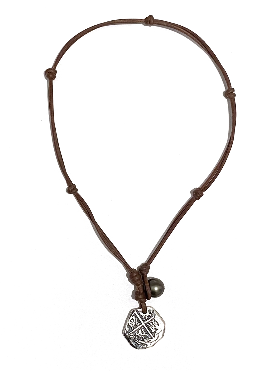 Wendy Mignot | King Phillip II Spanish Treasure Coin with Tahitian Pearl  and Leather Necklace